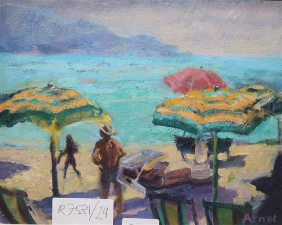 Sheila Arnot, oil on canvas, The Lifeguard had a red umbrella, signed, 19 x 24cm